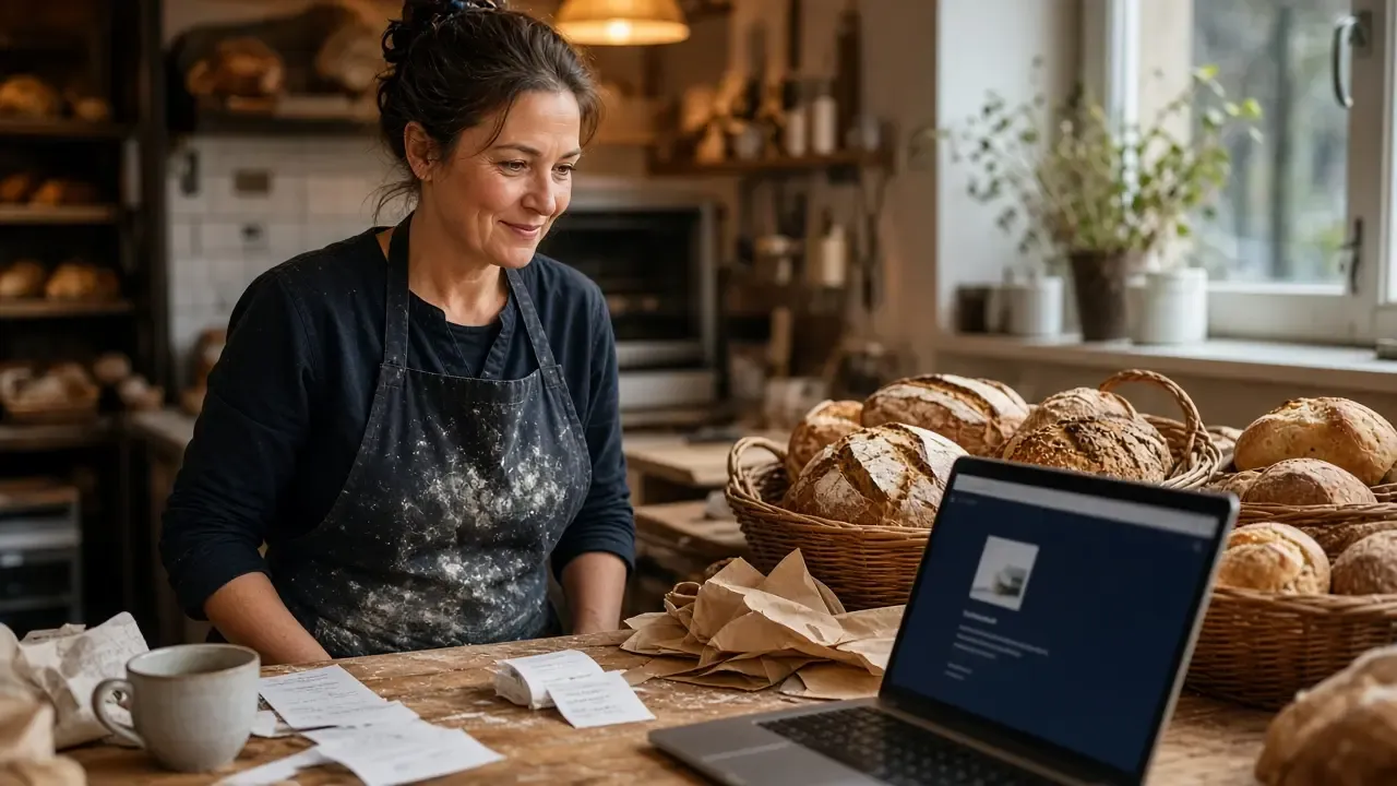 Inhaberin einer Bäckerei prüft ihre neue Website am Tresen